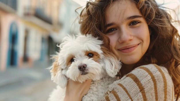 Portret van een jonge vrouw met een hond in haar armen