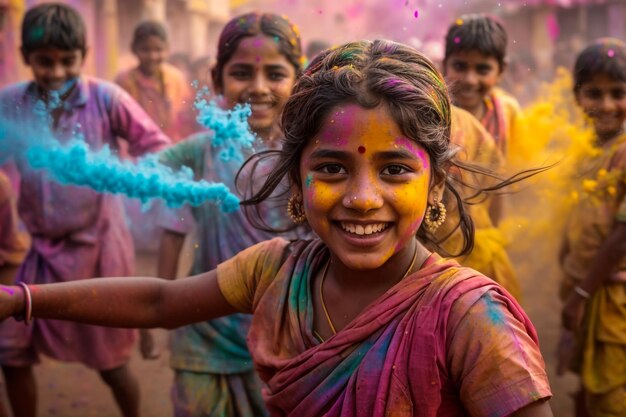 Portret van een jonge vrouw met holi poeder