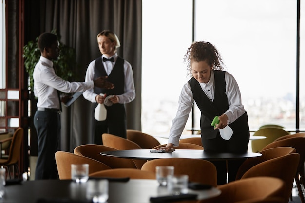 Portret van een jonge vrouw met krullend haar als serveerster die eettafels afveegt in een restaurant dat zich voorbereidt op de opening met personeelskopieruimte