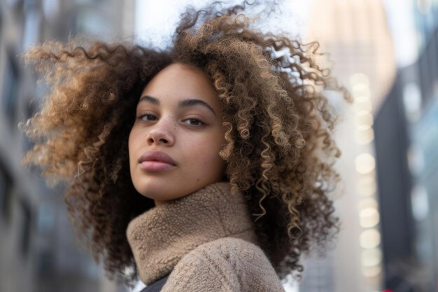 Portret van een jonge vrouw met krullend haar in de stad