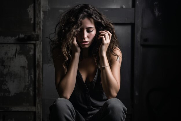 Portret van een jonge vrouw met lang bruin haar die op de vloer zit en haar hoofd in haar handen houdt