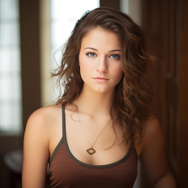 Portret van een jonge vrouw met lang bruin haar, gekleed in een bruin tanktopje