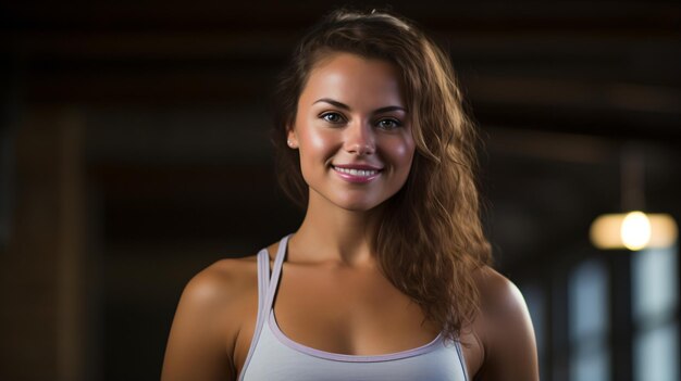 Portret van een jonge vrouw met lang bruin haar glimlachend in een wit tanktopje