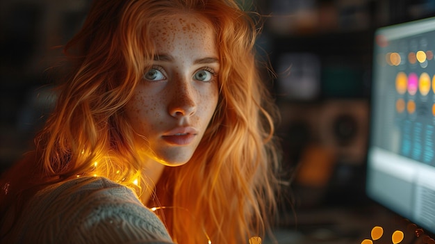 Portret van een jonge vrouw met rood haar en sproeten die met een bedachtzame uitdrukking naar de camera kijkt