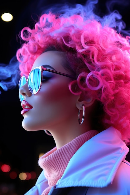 Foto portret van een jonge vrouw met roze haar en zonnebril op een zwarte achtergrond cyberpunk blauwe rook