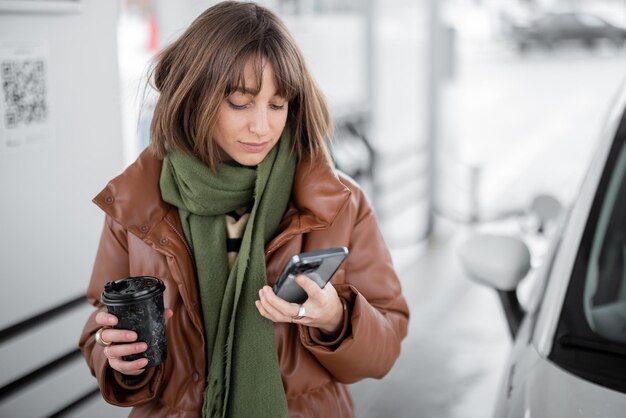 Portret van een jonge vrouw met telefoon en koffie om naar het benzinestation buiten te gaan