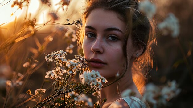 Portret van een jonge vrouw op een zomeravond in een bloementuin in lichte kleding Generatieve AI