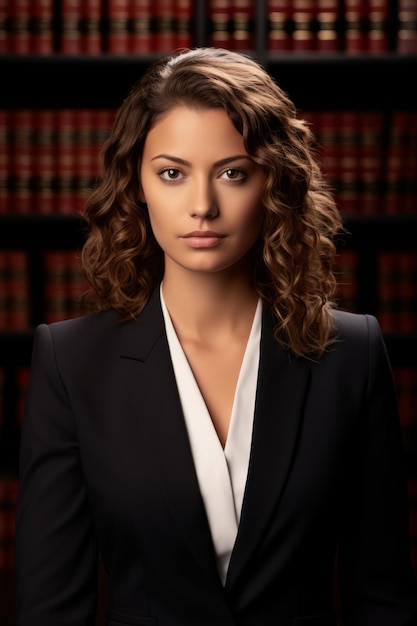 Foto portret van een jonge vrouwelijke advocaat in een pak die in een bibliotheek staat