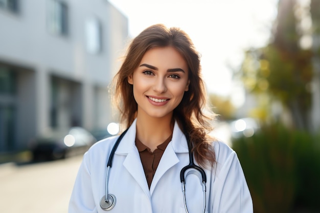 Portret van een jonge vrouwelijke arts met een stethoscoop