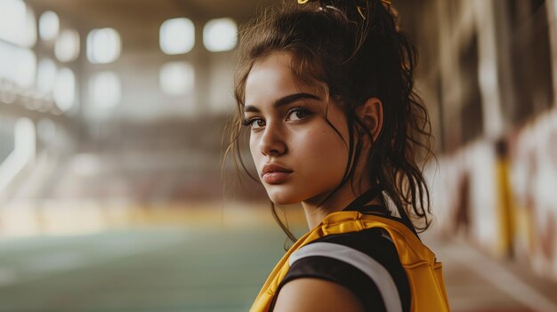 Portret van een jonge vrouwelijke atleet in een stadion