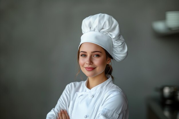 Portret van een jonge vrouwelijke chef-kok in uniform en hoed op grijze achtergrond