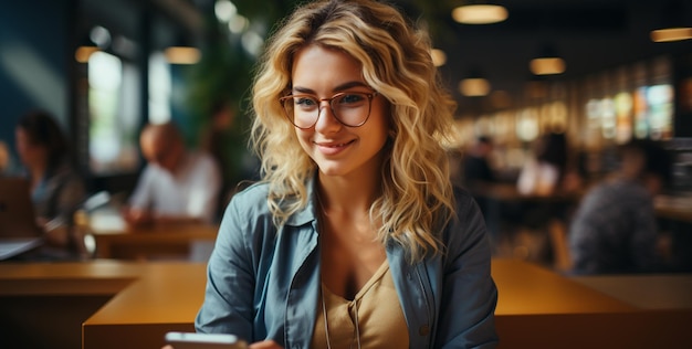 Foto portret van een jonge vrouwelijke freelancer die aan tafel zit in een café