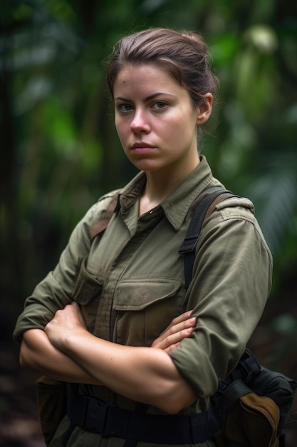 Portret van een jonge vrouwelijke ranger die met haar armen gekruist in de jungle staat