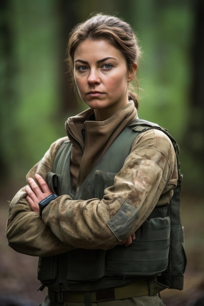 Portret van een jonge vrouwelijke ranger die met haar armen gekruist in het bos staat
