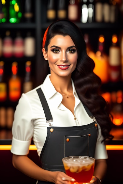 Portret van een jonge vrouwelijke serveerster in een zwarte overall in een weelderig restaurant met veel verschillen