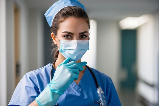 Portret van een jonge vrouwelijke verpleegster die een masker en handschoenen draagt terwijl ze in een ziekenhuis werkt