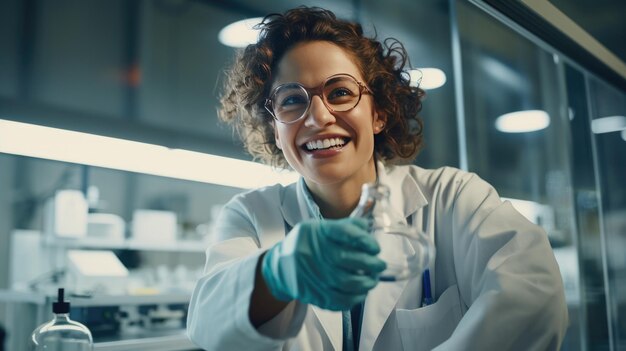 Foto portret van een jonge vrouwelijke wetenschapper tegen de achtergrond van een modern laboratorium