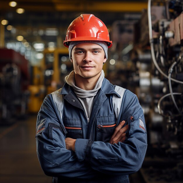 portret van een jonge werknemer met een harde hoed bij een grote metaalbewerking