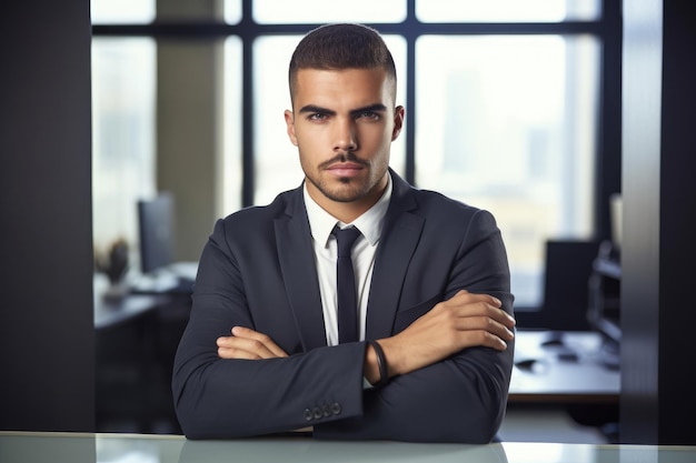 Portret van een jonge zakenman die met zijn armen gekruist in een kantoor zit