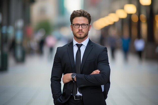 Portret van een jonge zakenman met een bril en een blok.