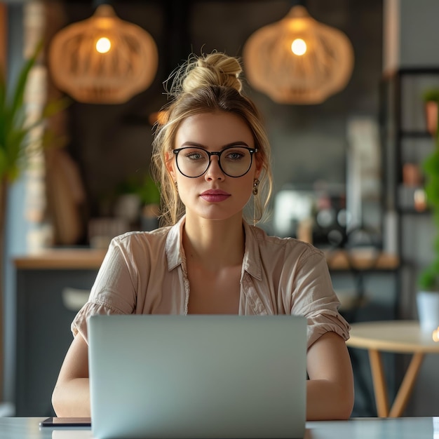 Portret van een jonge zakenvrouw die aan haar laptop werkt in een café