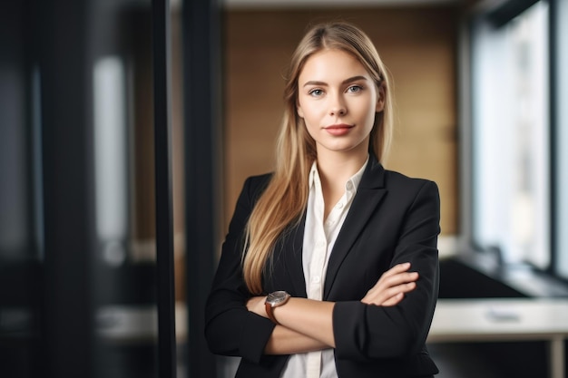 Portret van een jonge zakenvrouw die in een kantoor staat