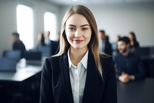 Portret van een jonge zakenvrouw die op kantoor staat met collega's op de achtergrond Generatieve AI