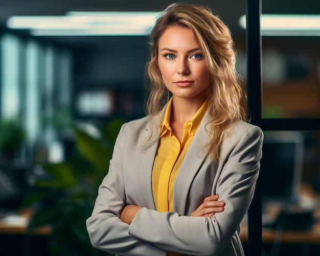 portret van een jonge zakenvrouw die op kantoor staat met haar armen gekruist