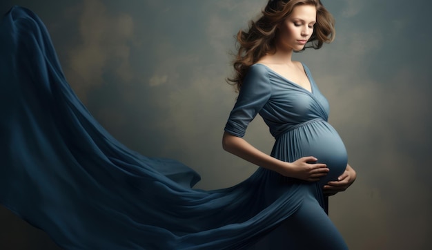 Portret van een jonge zwangere vrouw die handen op haar buik houdt. Kopieer de ruimteverwachting