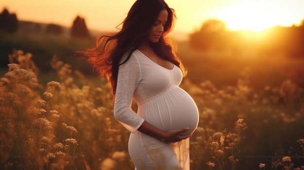 Portret van een jonge zwangere vrouw die handen op haar buik houdt. Kopieer de ruimteverwachting