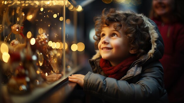 Foto portret van een jongen die kijkt en droomt in de buurt van het kerstwinkelvenster op een traditionele kerst