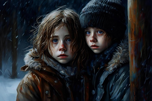Portret van een jongen en een meisje in een winterbos