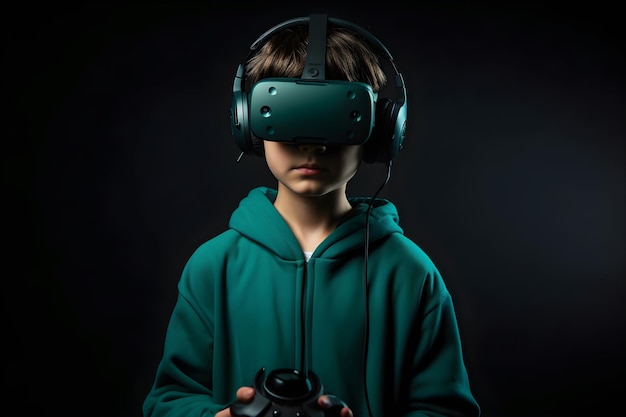 Portret van een jongen in een virtual reality-helm Het concept van virtual reality