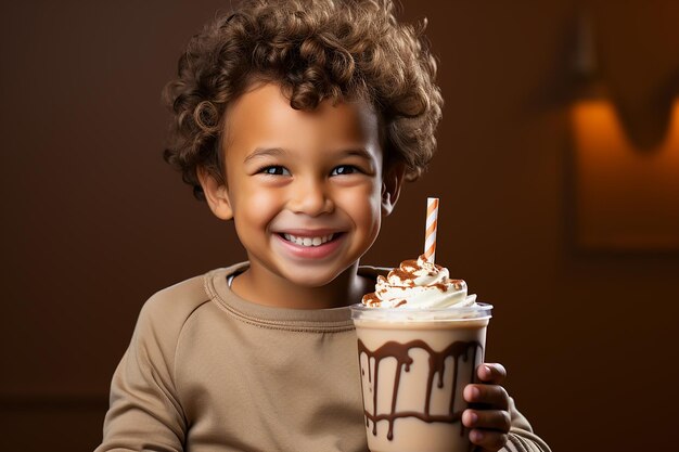 Foto portret van een jongen met een chocolade milkshake en glimlachend