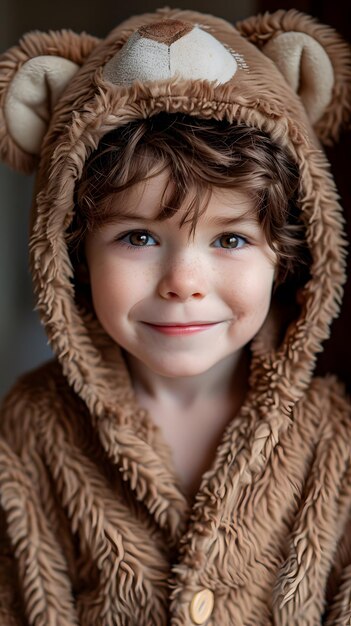 Portret van een jongen met een teddybeer pyjama dat zijn hoofd bedekt Concept Tederheid zachtheid