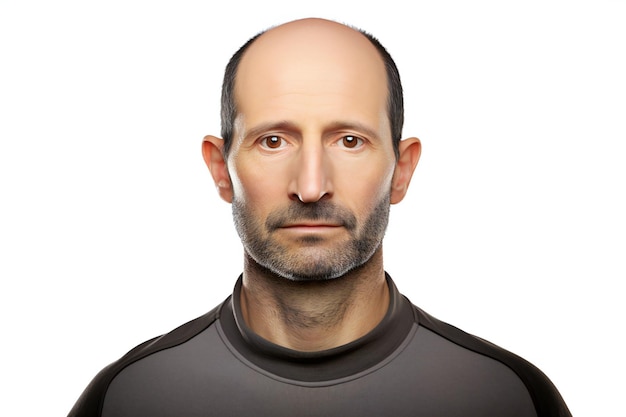 Portret van een kale man in een zwart T-shirt geïsoleerd op een witte achtergrond