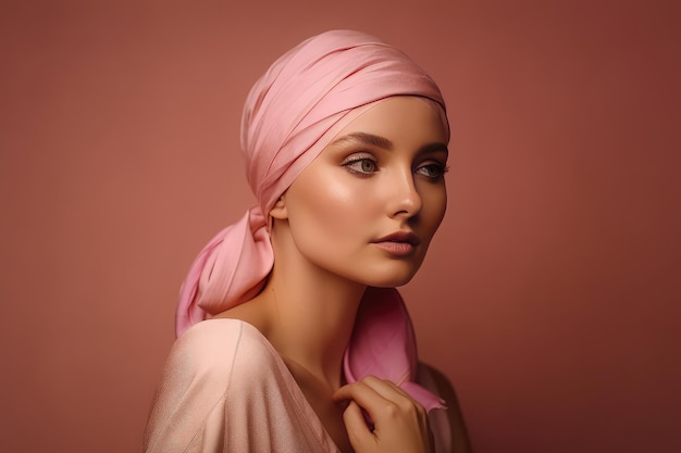 Portret van een kale vrouw van middelbare leeftijd met een roze hoofddoek Generative AI