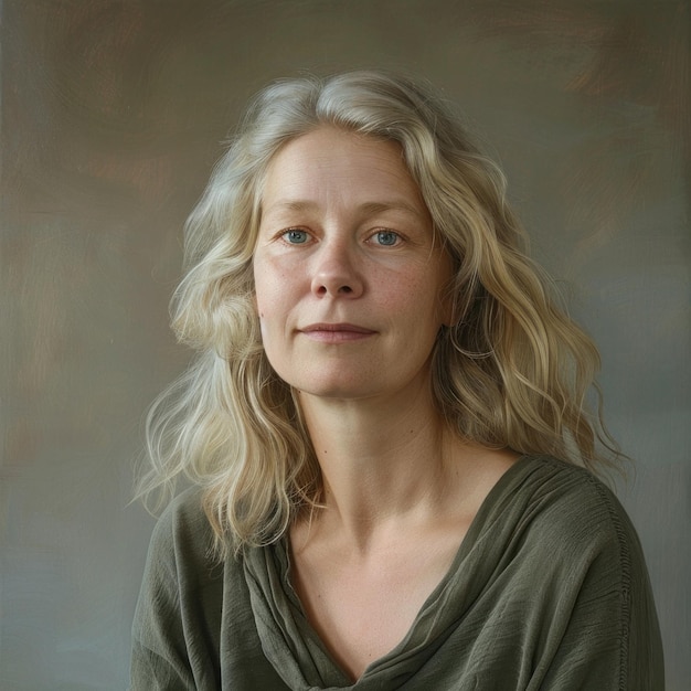 Portret van een kalme volwassen vrouw met golvend blond haar en een zachte glimlach tegen een neutrale achtergrond