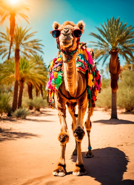 portret van een kameel tegen de achtergrond van palmbomen Selectieve focus