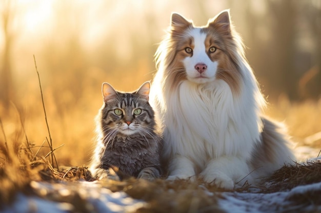 Portret van een kat en een hond, gelukkige vrienden die samen zitten.