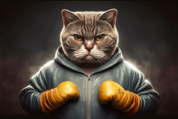 Portret van een kat in een trainingspak en bokshandschoenen om zijn nek generatieve ai