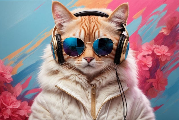 Foto portret van een kat met koptelefoon op een kleurrijke achtergrond het concept van het luisteren naar muziek