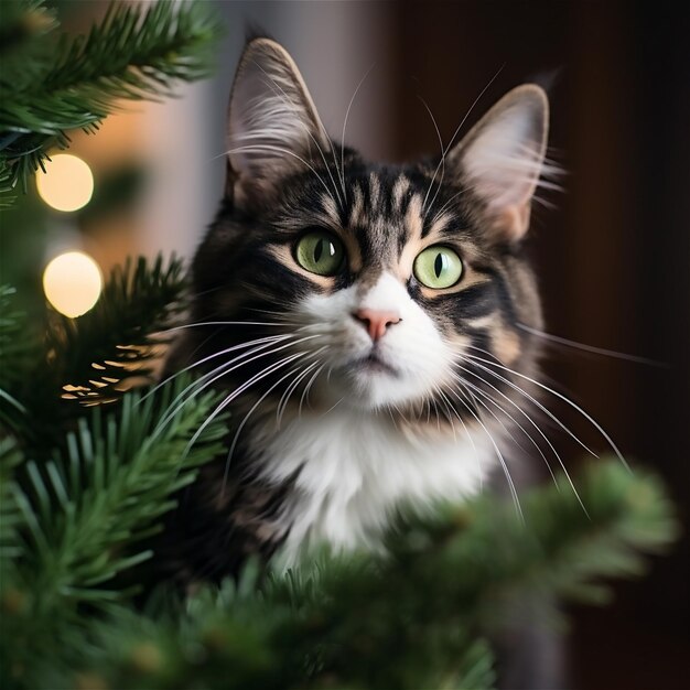 portret van een kat op een kerstboom en bokeh lichten achtergrond Closeup van een kat