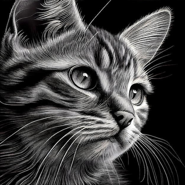 Portret van een kat op een zwarte achtergrond Handgetekende illustratie
