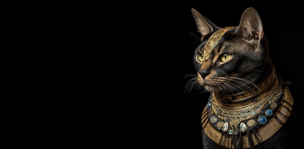 Portret van een kat op een zwarte achtergrond in een stijlvolle outfit van een Egyptische farao Generative AI