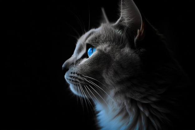 Portret van een kat shot van een grijze kat met blauwe ogen in de donkere generatieve ai