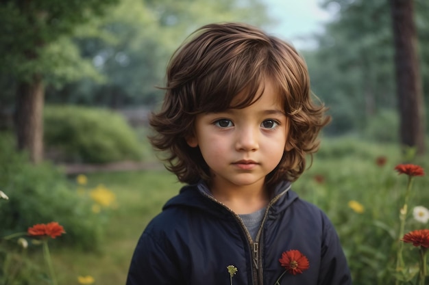 Portret van een kind dat in een tropisch regenwoud staat Actieve kleine jongen die met beleefdheid naar de camera kijkt