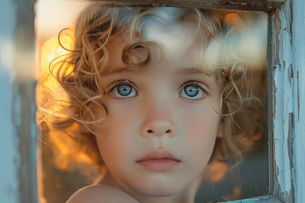 portret van een kind dat nieuwsgierig naar de camera kijkt door een raam dat de zonsondergang weerspiegelt