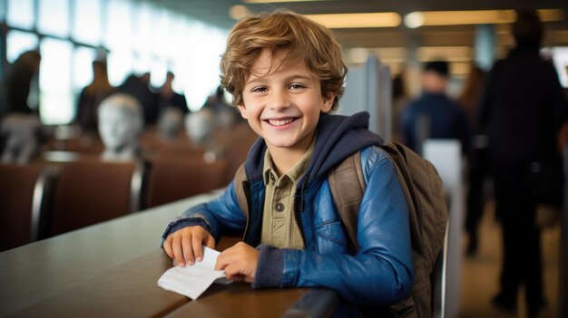 Foto portret van een kind met een kaartje op de luchthaven