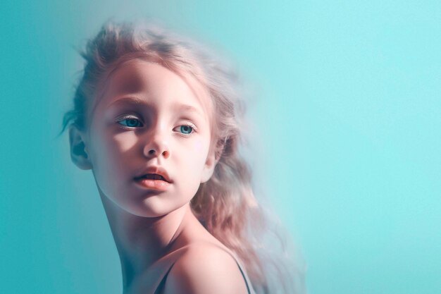 Portret van een klein blond meisje met blauwe ogen op een blauwe achtergrond generatieve AI
